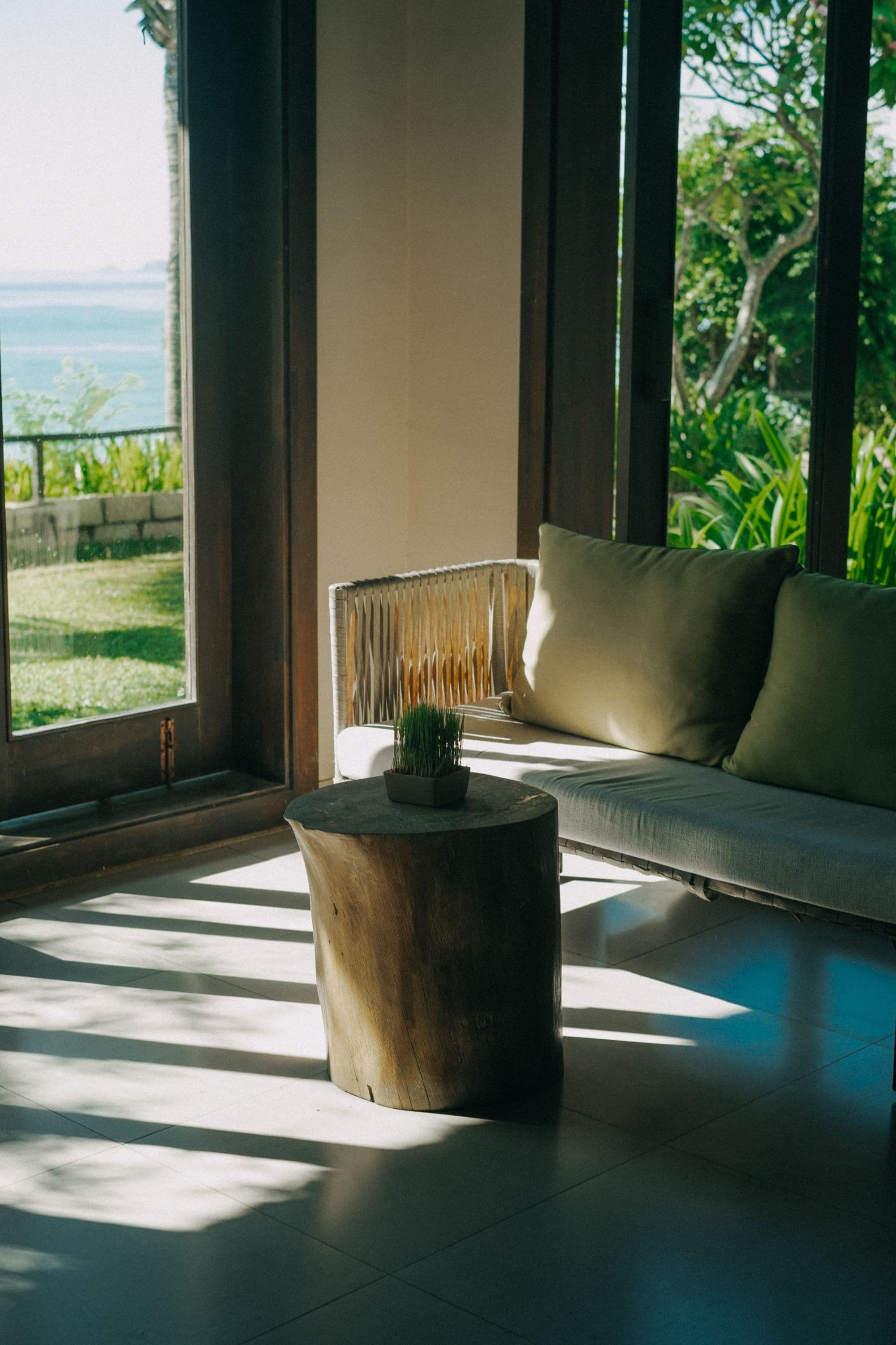 A quiet seating area with natural light and views outside